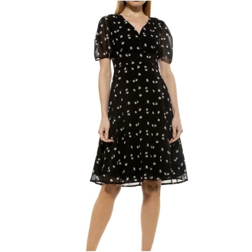Alexia Admor Floral Black Midi Dress With Puff Sleeves Size 6